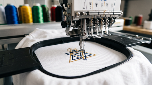 電腦刺繡機在白色POLO衫左胸繡製幾何圖案，展示衣服刺繡Logo的過程
