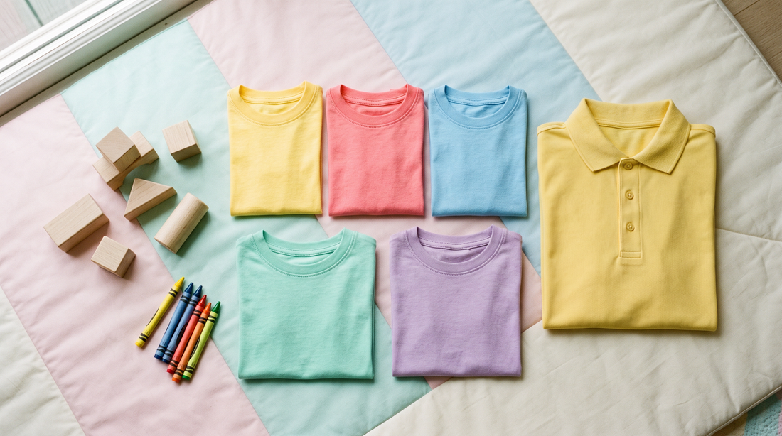 幼兒園制服使用的兒童圓領棉質 T 恤與老師同色系 POLO 衫平鋪照