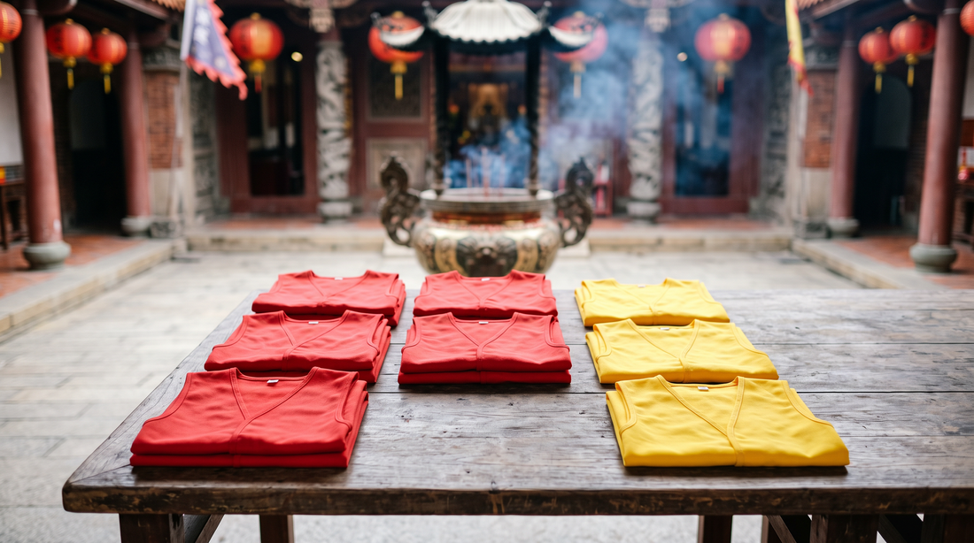 摺疊整齊的紅色與黃色宮廟背心擺放在廟埕木桌上，準備發給繞境人員